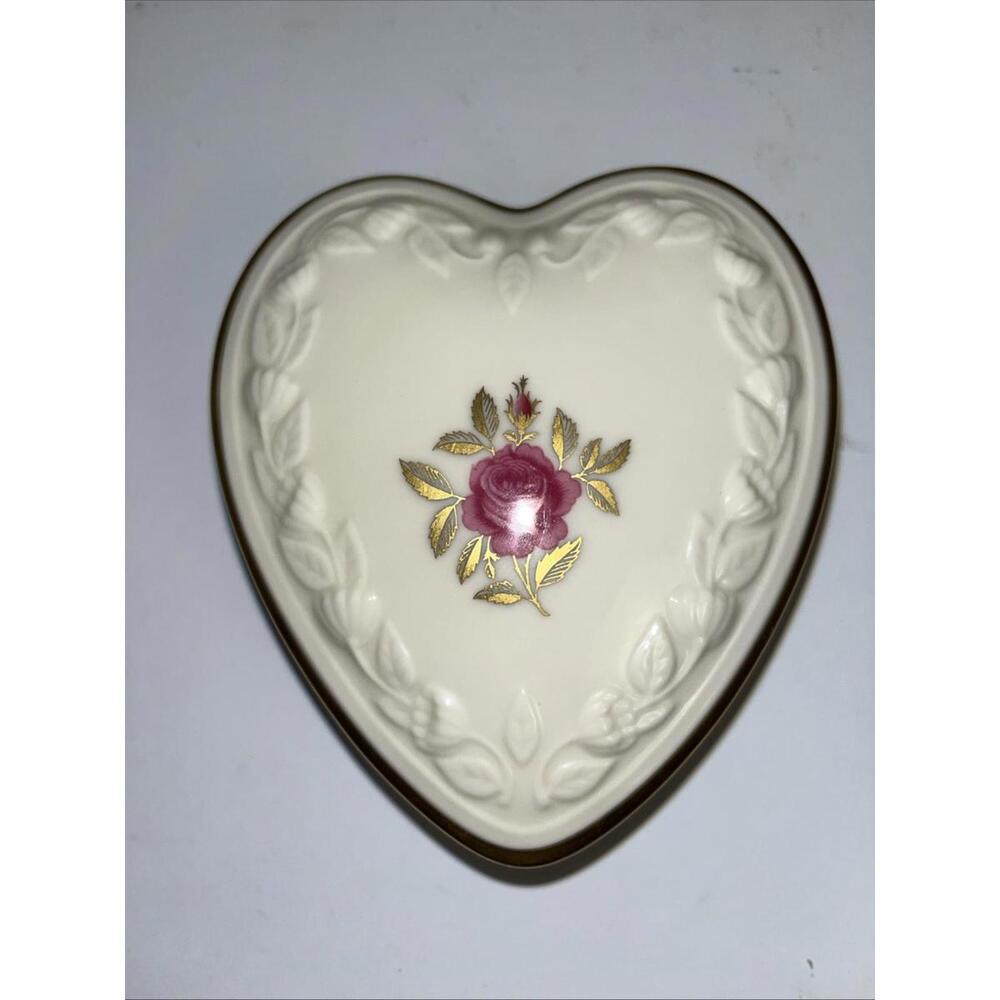 Vintage Lenox large heart shaped trinket box red rose on top EUC